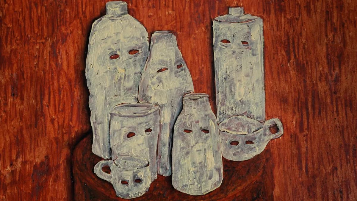 Painted vessels on a deep red wood surface — a still life from the studio